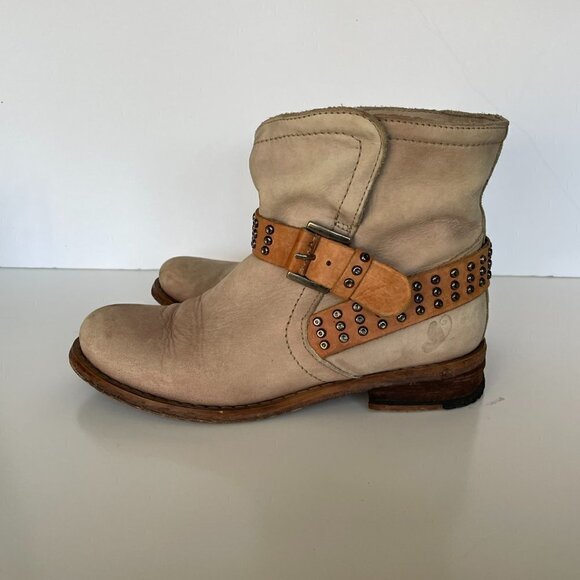 FELMINI Ankle Boots Nobuck Leather Buckle Studded Strap Pull-On Casual Tan 7 - Picture 5 of 11